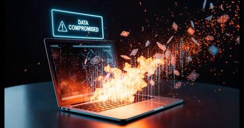 Portátil en llamas con aviso de datos comprometidos, el tipo de incidente que un plan de continuidad con RTO y RPO definidos ayuda a superar
